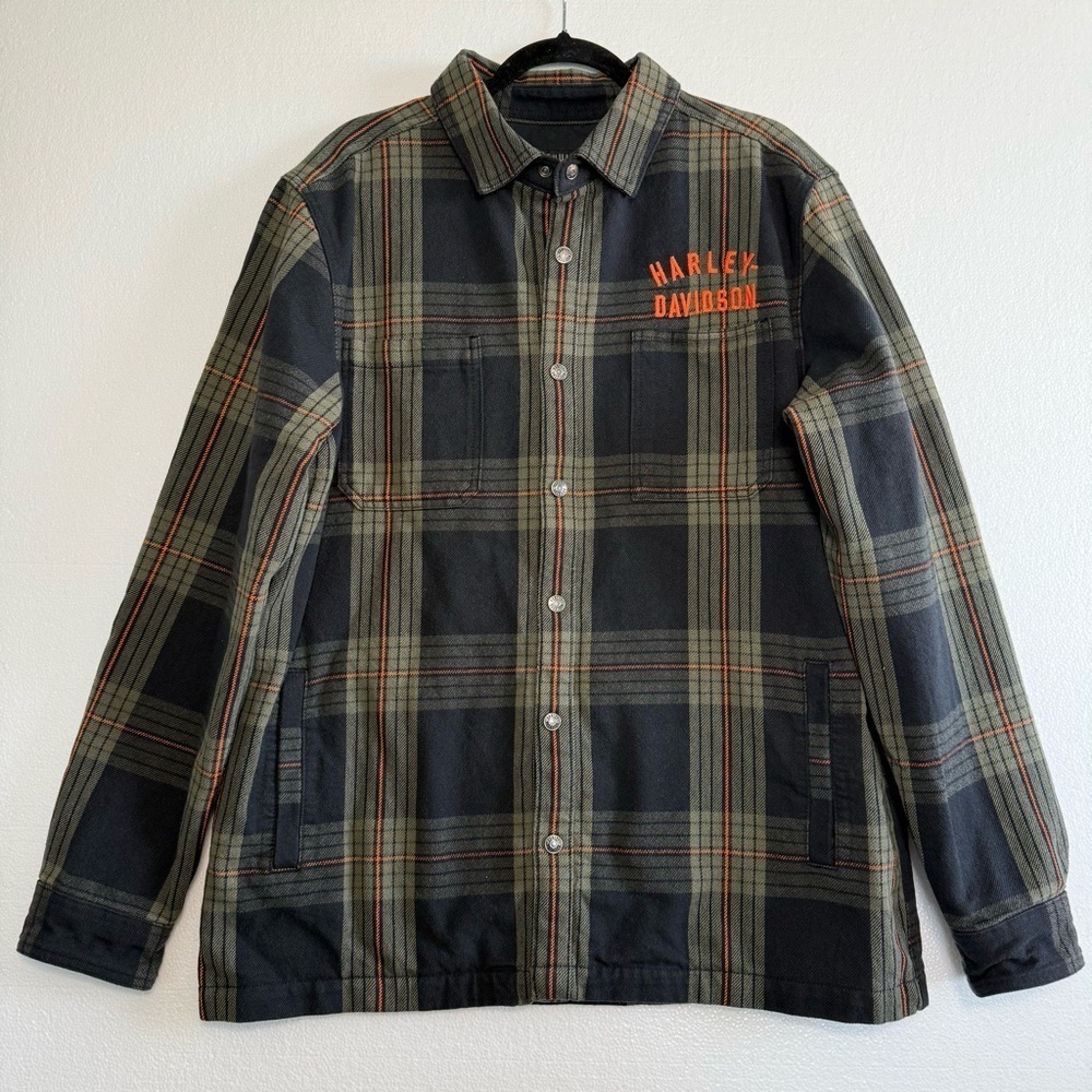 Harley Davidson Flannel Plaid Shirt Jacket Men Size L Cotton Button Up Green